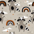 Colorful seamless pattern with happy raccoons, rainbow. Decorative cute background with animals, sky