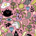 Colorful seamless pattern with heads of unicorns and funny monsters.