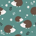 Colorful seamless pattern with hedgehogs, flowers. Decorative cute background with funny animals