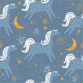 Colorful seamless pattern with horses, moon, stars. Decorative cute background with animals, night sky Royalty Free Stock Photo
