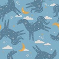 Colorful seamless pattern with horses, moon, stars. Decorative cute background with animals, night sky Royalty Free Stock Photo
