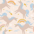 Colorful seamless pattern with horses - unicorns, rainbow, stars. Decorative cute background with animals, sky Royalty Free Stock Photo
