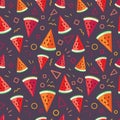 Colorful seamless pattern with illustration of watermelon slices and geometric shapes and symbols Royalty Free Stock Photo