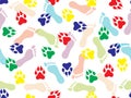 Colorful seamless pattern of imprint of bare human feet and animal on white background. Vector illustration