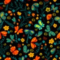 Cute background butterflies and flowers seamless pattern. Vector illustration. Summer floral repeat dark background for Royalty Free Stock Photo