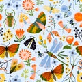 Colorful seamless pattern with insects and flowers. Summer floral repeat background for fabrics or wallpapers