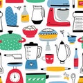 Colorful seamless pattern with kitchen utensils. Backdrop with manual and electric tools for home cooking on white Royalty Free Stock Photo