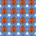 Colorful seamless pattern, ladybugs and flowers. Decorative cute background, funny insects, daisies