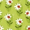 Colorful seamless pattern with ladybugs and flowers. Decorative cute background, funny insects and garden Royalty Free Stock Photo