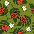 Colorful seamless pattern, ladybugs, palm leaves, flowers. Decorative cute background, insects, garden