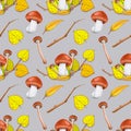 Colorful seamless pattern of leaves and mashrooms