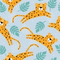 Colorful seamless pattern with leopards, palm leaves. Decorative cute background with funny animals