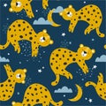 Colorful seamless pattern with leopards, stars, clouds. Decorative cute background with animals, night sky Royalty Free Stock Photo