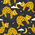 Colorful seamless pattern with leopards, stars, clouds. Decorative cute background with animals, night sky Royalty Free Stock Photo