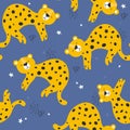 Colorful seamless pattern with leopards, stars. Decorative cute background with animals, night sky Royalty Free Stock Photo