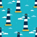 Colorful seamless pattern, lighthouses, sky. Decorative background, funny beacom