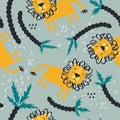 Colorful seamless pattern with lions, palm trees. Decorative cute background with funny animals, jungle Royalty Free Stock Photo