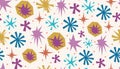 Colorful seamless pattern made of bold cut stars, dots and basic geometric forms in lively flat collage look Royalty Free Stock Photo