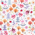 Colorful seamless pattern with magic forest. Beautiful flowers and trees on white background Royalty Free Stock Photo