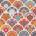 Colorful seamless pattern with mandalas. Decorative ornamental design in vector. Patchwork