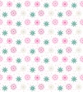 Colorful seamless pattern of many snowflakes on white background