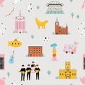 Colorful seamless pattern with must-see attractions of Liverpool