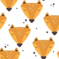 Colorful seamless pattern with muzzles of cute foxes, stars