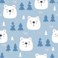 Colorful seamless pattern with muzzles of white bears, blue fir-trees