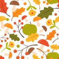 Colorful seamless pattern with oak leaves, mushrooms, apples, berries. Endless natural background with autumn foliage Royalty Free Stock Photo