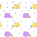Colorful seamless pattern with ocean yellow purple anglerfish and bubbles in flat hand drawn style
