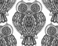 Colorful seamless pattern with owls on branches