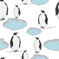 Colorful seamless pattern with penguins on the ice floes. Decorative cute background with sea birds