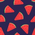 Colorful seamless pattern with pink slices of fresh watermelon on purple background. Backdrop with summer delicious