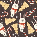 Colorful seamless pattern with rabbits, fir trees, candy canes, snow. Decorative cute background with animals. Happy New Year