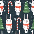 Colorful seamless pattern with rabbits, fir trees, snow, candy canes. Decorative cute background with animals. Happy New Year Royalty Free Stock Photo