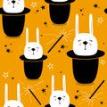 Colorful seamless pattern with rabbits in hats, magic wands, stars