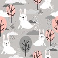 Colorful seamless pattern, rabbits, trees and clouds. Decorative cute background with animals