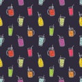 Colorful seamless pattern with refreshing soft drinks, tasty juices or smoothies in glasses, jugs, jars and bottles on Royalty Free Stock Photo