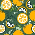 Colorful seamless pattern with ripe oranges, leaves. Decorative background with citrus fruits