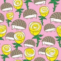 Colorful seamless pattern with roses and hedgehogs.