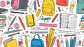 Colorful seamless pattern of school supplies and stationery on a bright white background. Royalty Free Stock Photo