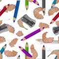 Colorful seamless pattern on a school theme with colored pencils, pencil shavings and realistic sharpener. Vector Royalty Free Stock Photo