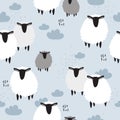 Colorful seamless pattern with sheeps, clouds. Decorative cute background with funny animals, sky