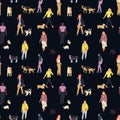 Colorful seamless pattern with silhouettes of many people walking with dogs. Royalty Free Stock Photo