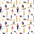 Colorful seamless pattern with silhouettes of many people walking with dogs. Royalty Free Stock Photo