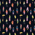 Colorful seamless pattern with silhouettes of many walking and standing people in warm clothes. Royalty Free Stock Photo