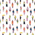 Colorful seamless pattern with silhouettes of many walking and standing people in warm clothes. Royalty Free Stock Photo