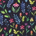 Colorful seamless pattern with simple doodle floral elements. Watercolor hand drawn illustration Royalty Free Stock Photo