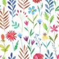 Colorful seamless pattern with simple doodle floral elements. Watercolor hand drawn illustration Royalty Free Stock Photo