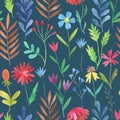 Colorful seamless pattern with simple doodle floral elements. Watercolor hand drawn illustration Royalty Free Stock Photo